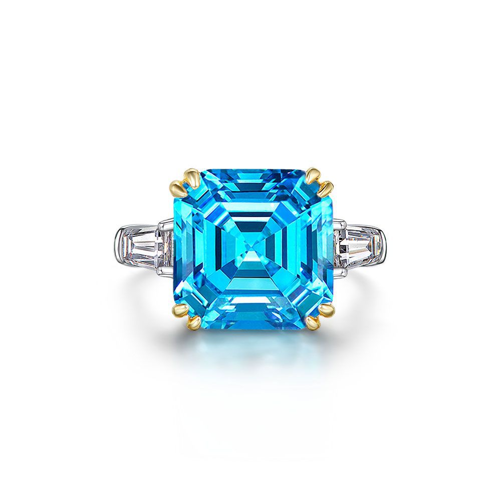 Blue Asscher on Tapered Baguette