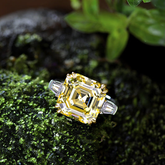 Yellow Asscher on Tapered Baguette