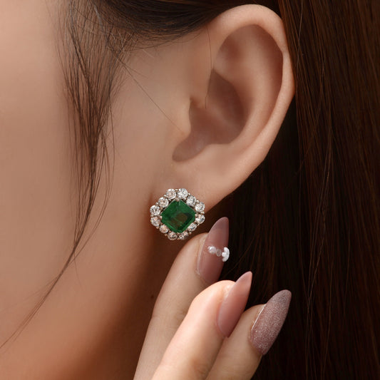 Green Asscher Halo Earrings