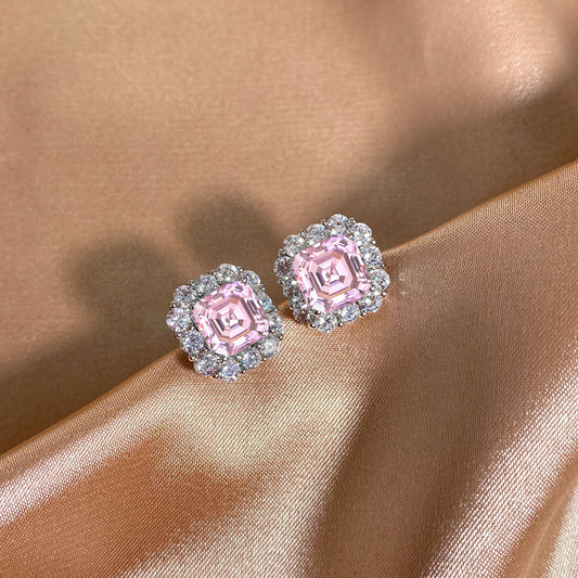 Pink Asscher Halo Earrings
