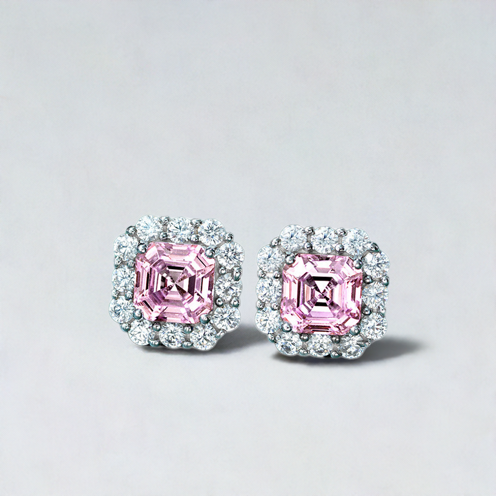 Pink Asscher Halo Earrings