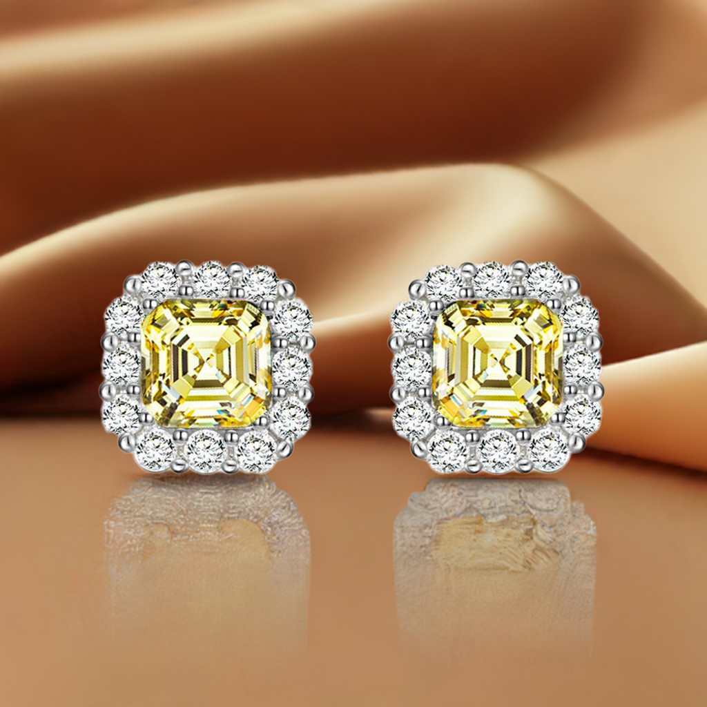 Yellow Asscher Halo Earrings